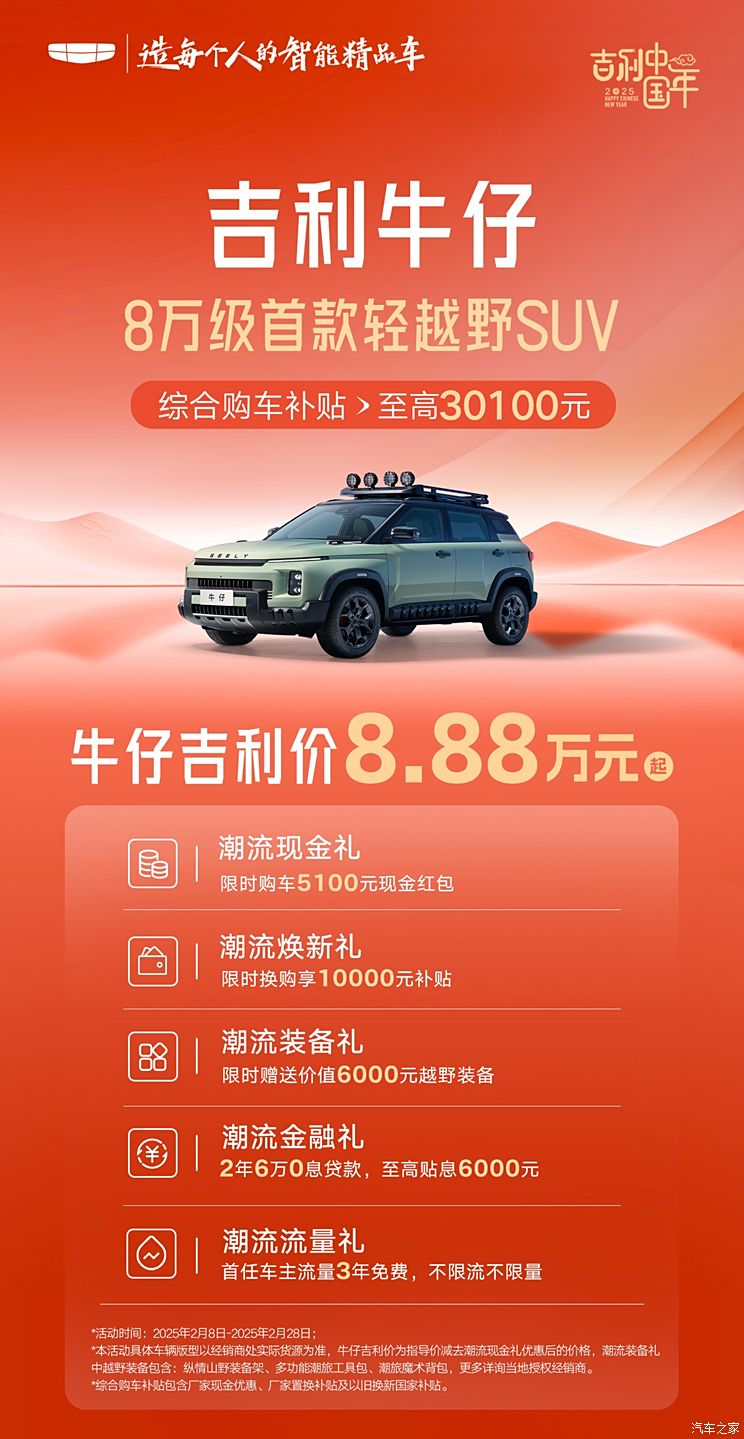 吉利推出牛仔购车权益 赠送户外装备等 限时8.88万元起售